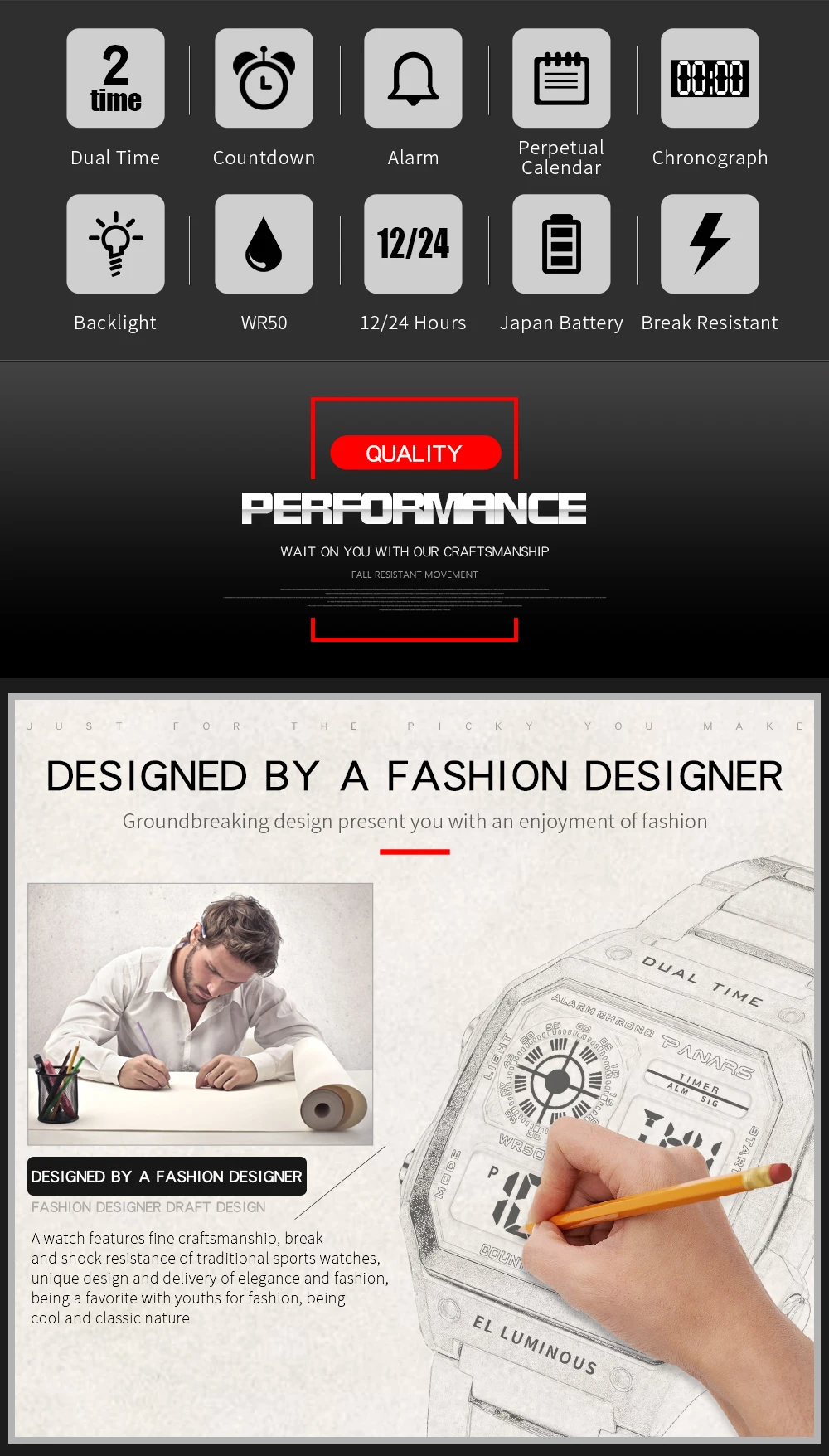 PANARS Top Brand Luxury Mens Watches Stopwatch Electronic Digital Watch Men 5BAR Waterproof Military Sports WristWatches Clock