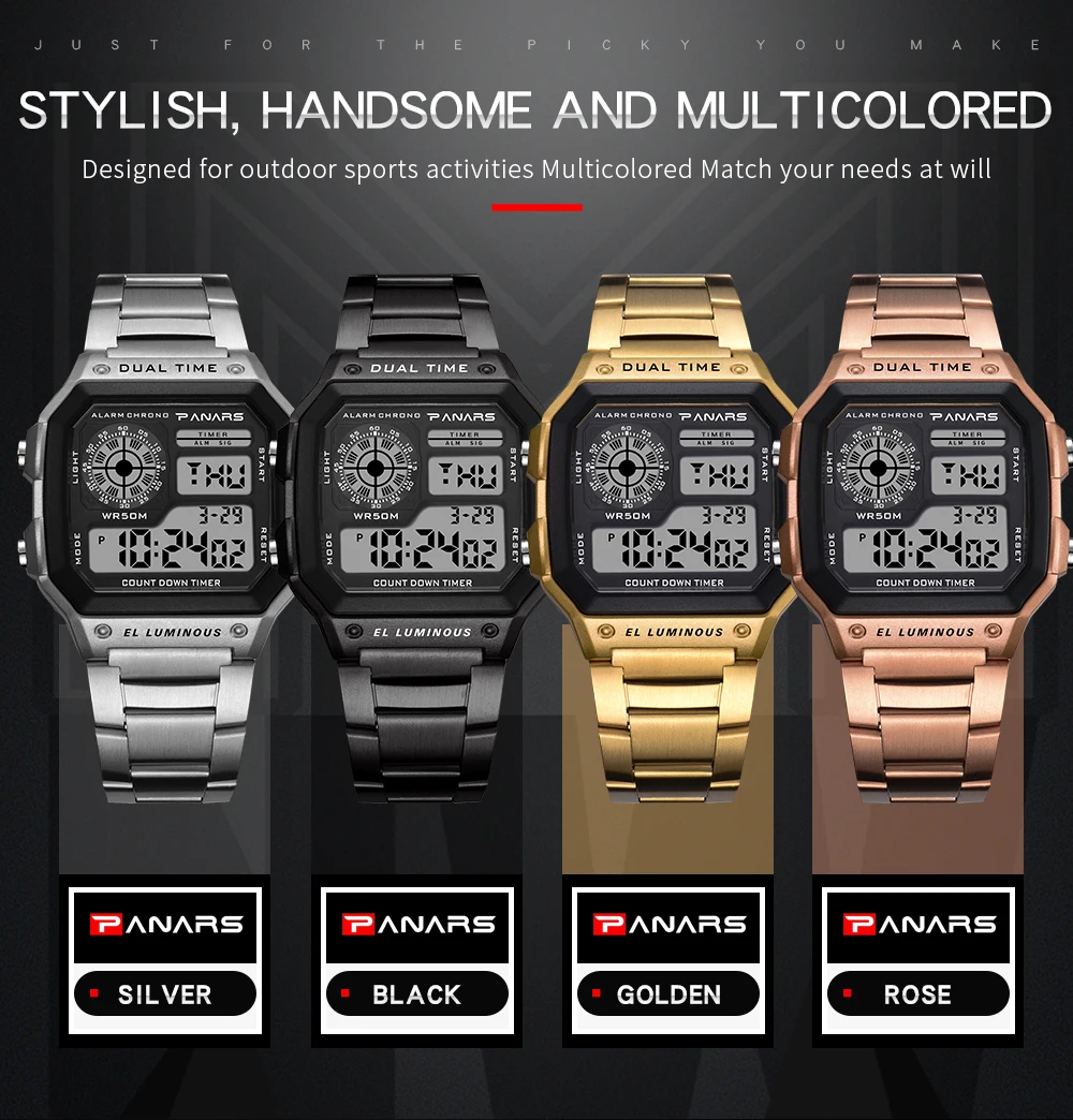 PANARS Top Brand Luxury Mens Watches Stopwatch Electronic Digital Watch Men 5BAR Waterproof Military Sports WristWatches Clock