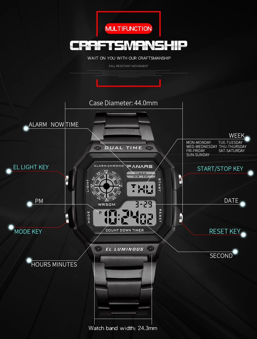 PANARS Top Brand Luxury Mens Watches Stopwatch Electronic Digital Watch Men 5BAR Waterproof Military Sports WristWatches Clock