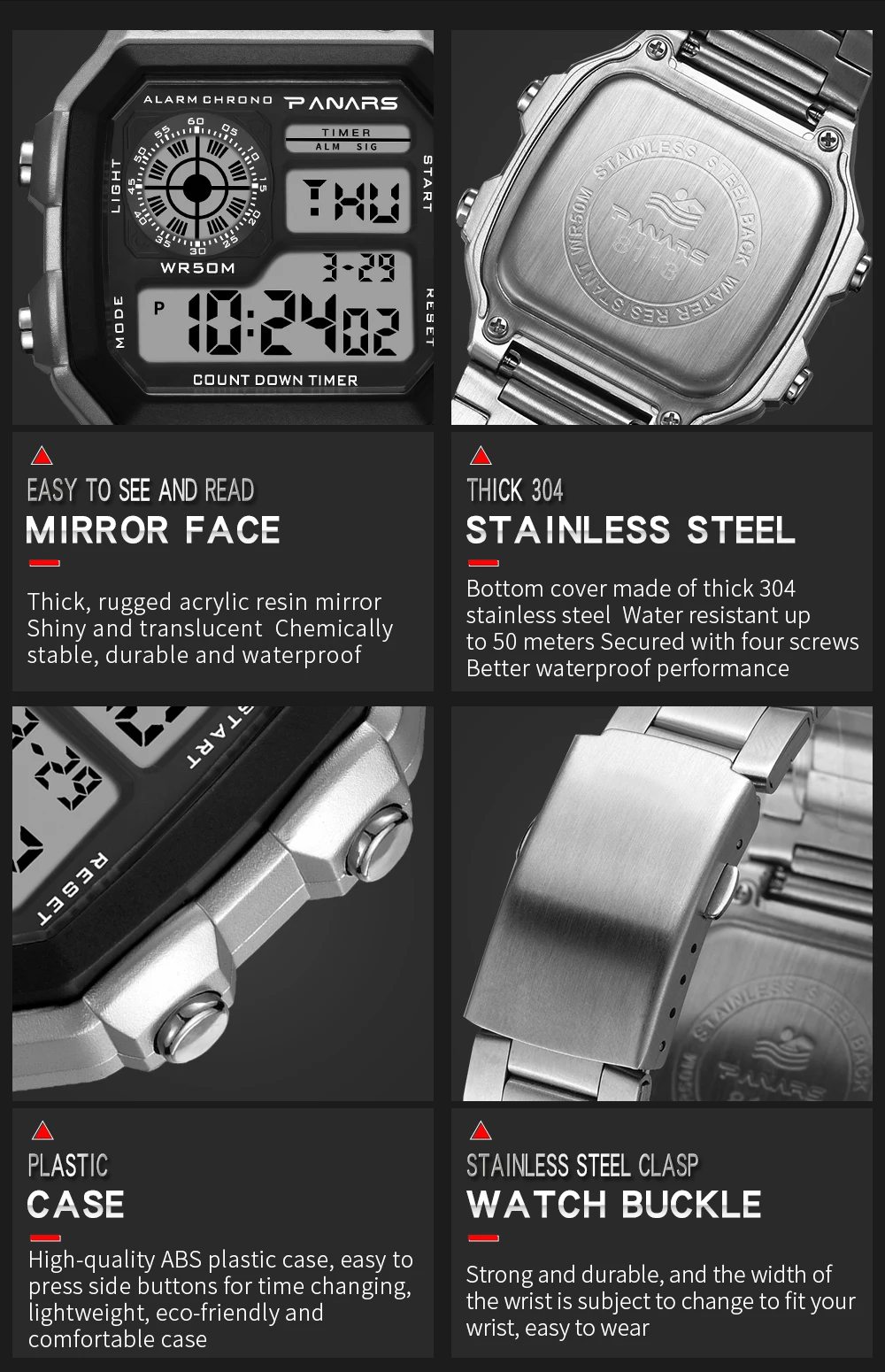 PANARS Top Brand Luxury Mens Watches Stopwatch Electronic Digital Watch Men 5BAR Waterproof Military Sports WristWatches Clock