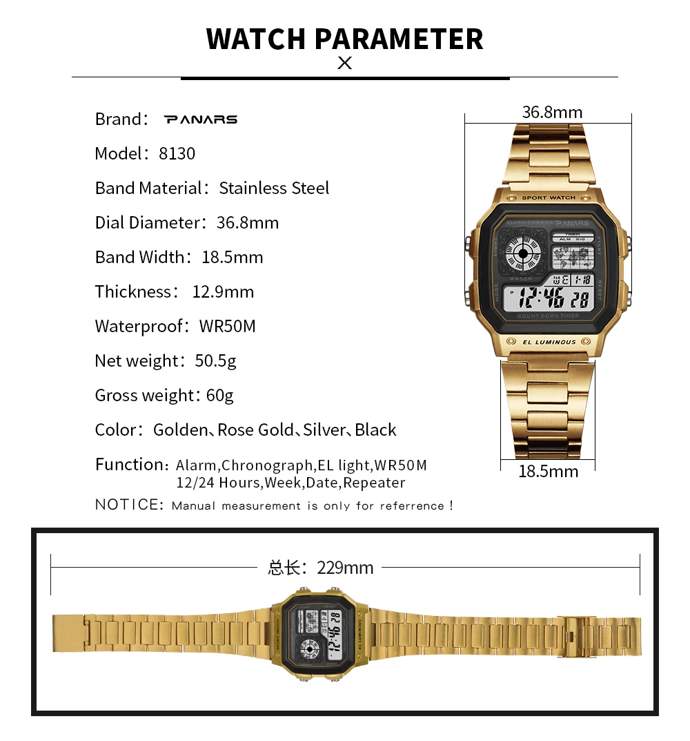 PANARS Top Brand Luxury Mens Watches Stopwatch Electronic Digital Watch Men 5BAR Waterproof Military Sports WristWatches Clock