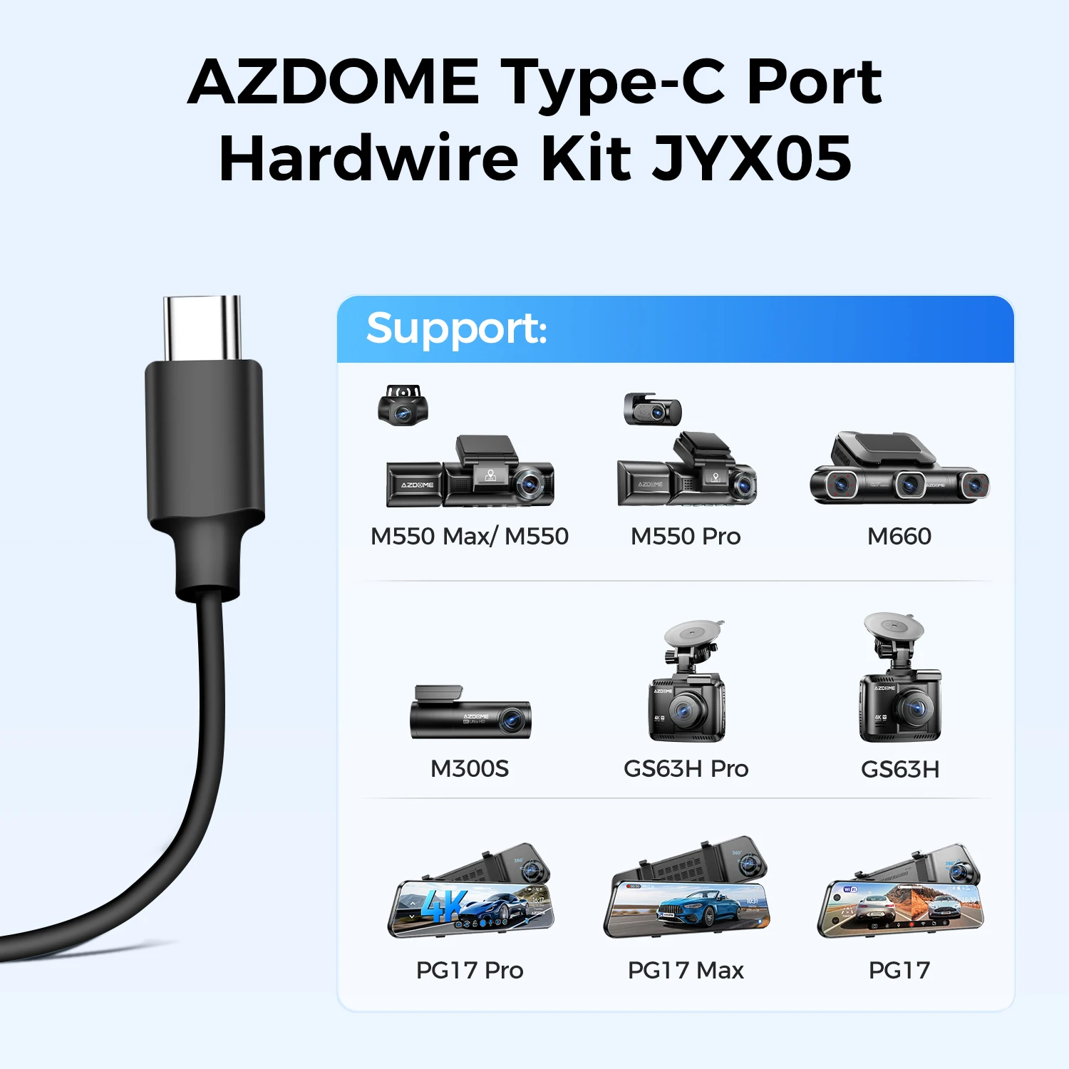 AZDOME JYX05 Car DVR Record Hardwire Kit For M660/M550 Max/M300S/GS63H Pro Low Vol Protection Type-C Port 12V-24V in 5V 2.5A out