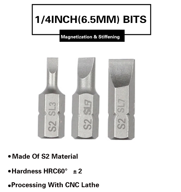 1 Inch SL3 SL5 SL7 Slotted Screwdriver Bit Set S2 Steel 1/4 Inch 6.35mm Hex Shank Electric Screwdriver Bits For Power Tools