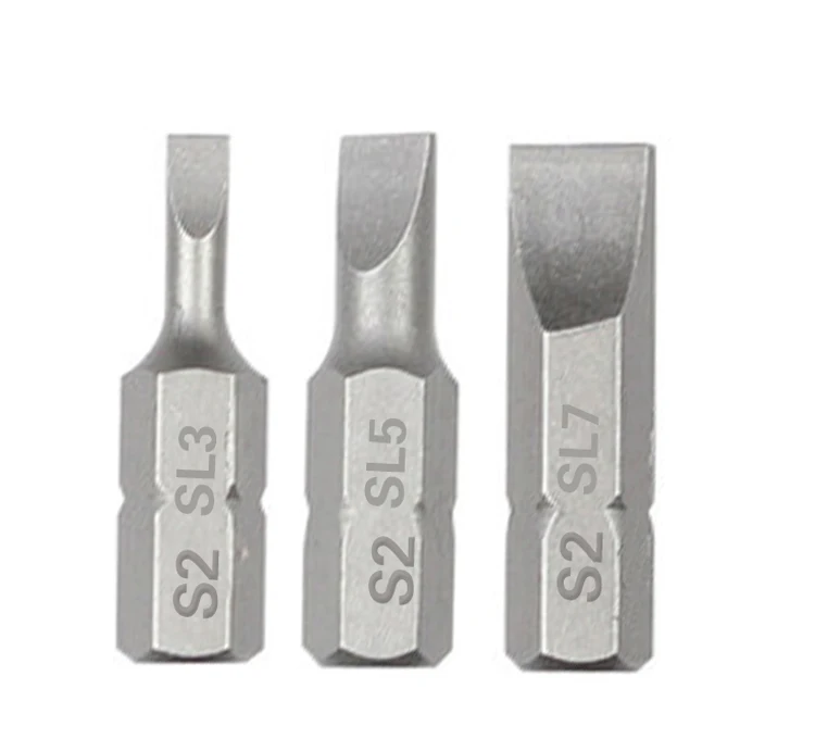 1 Inch SL3 SL5 SL7 Slotted Screwdriver Bit Set S2 Steel 1/4 Inch 6.35mm Hex Shank Electric Screwdriver Bits For Power Tools