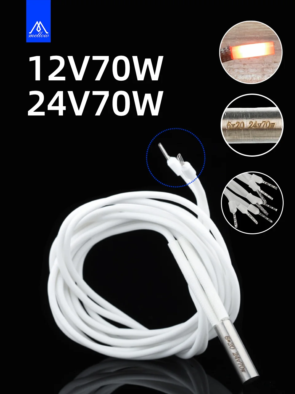 Mellow 1pcs 3D Printer Parts Heating Tube 6*20mm 12V 24V 70W Ceramic Cartridge Heater for Mk8 CR10 Ender 3 V6 HotEnd J-Head