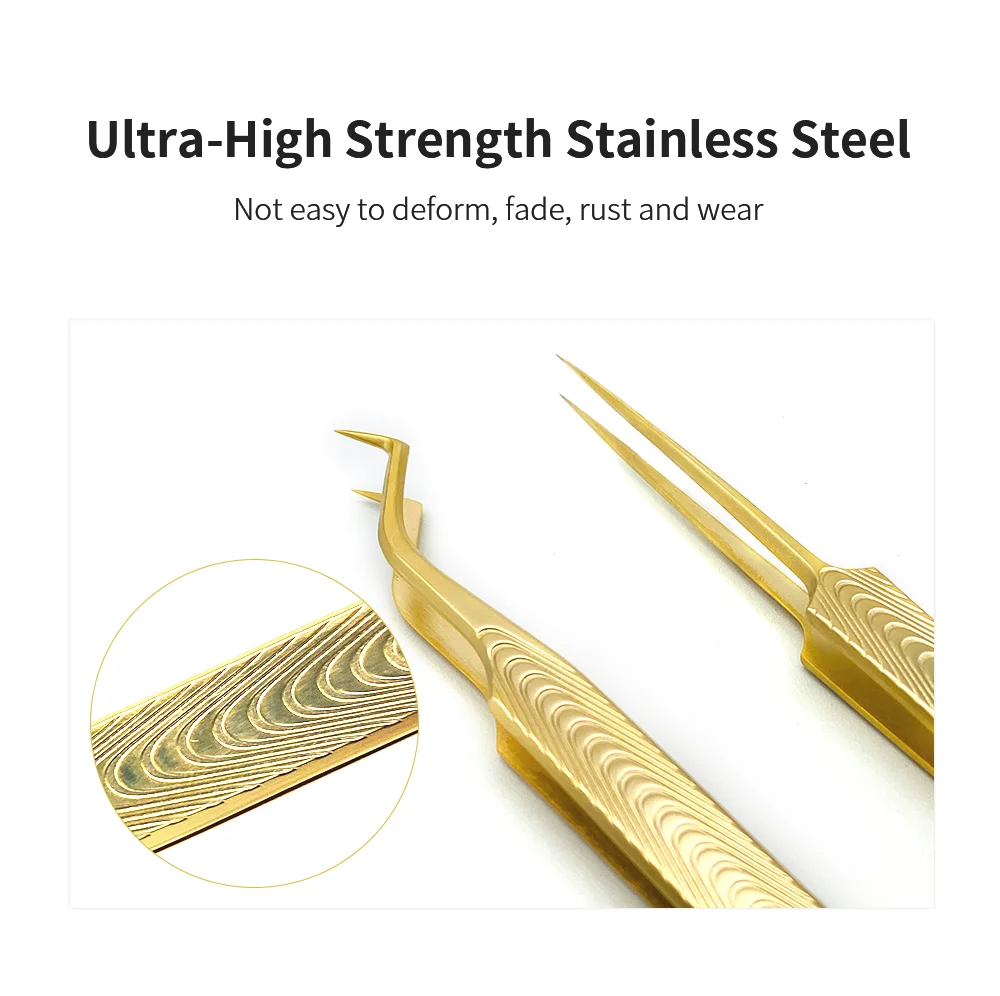 NATUHANA Anti-Static Eyelash Extension Tweezer Gold Stainless Steel Eyelashes Tweezers Professional for Volume Fan Makeup Tools