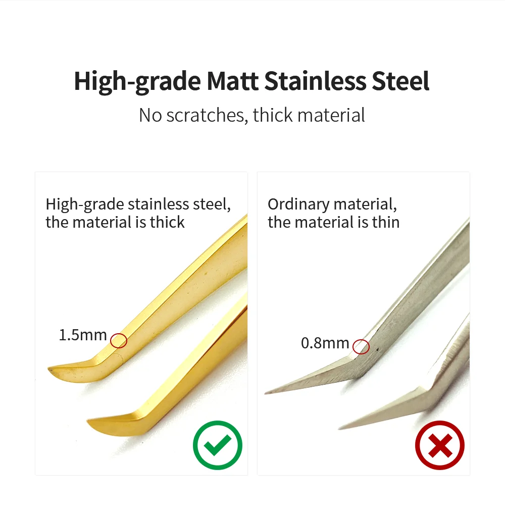 NATUHANA Anti-Static Eyelash Extension Tweezer Gold Stainless Steel Eyelashes Tweezers Professional for Volume Fan Makeup Tools