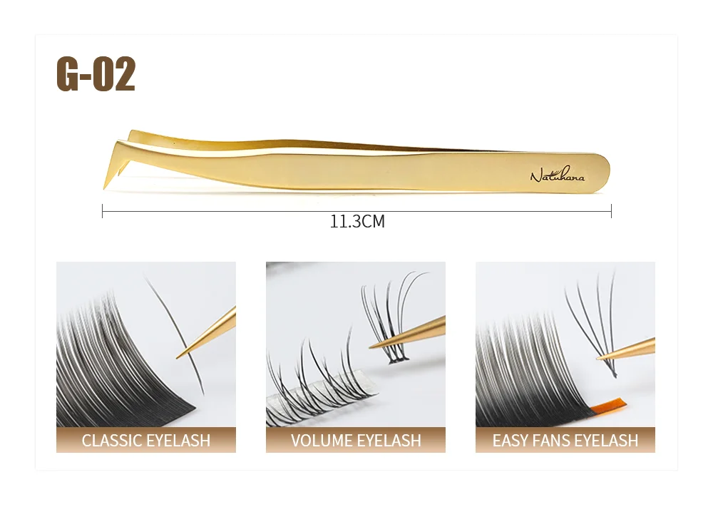 NATUHANA Anti-Static Eyelash Extension Tweezer Gold Stainless Steel Eyelashes Tweezers Professional for Volume Fan Makeup Tools