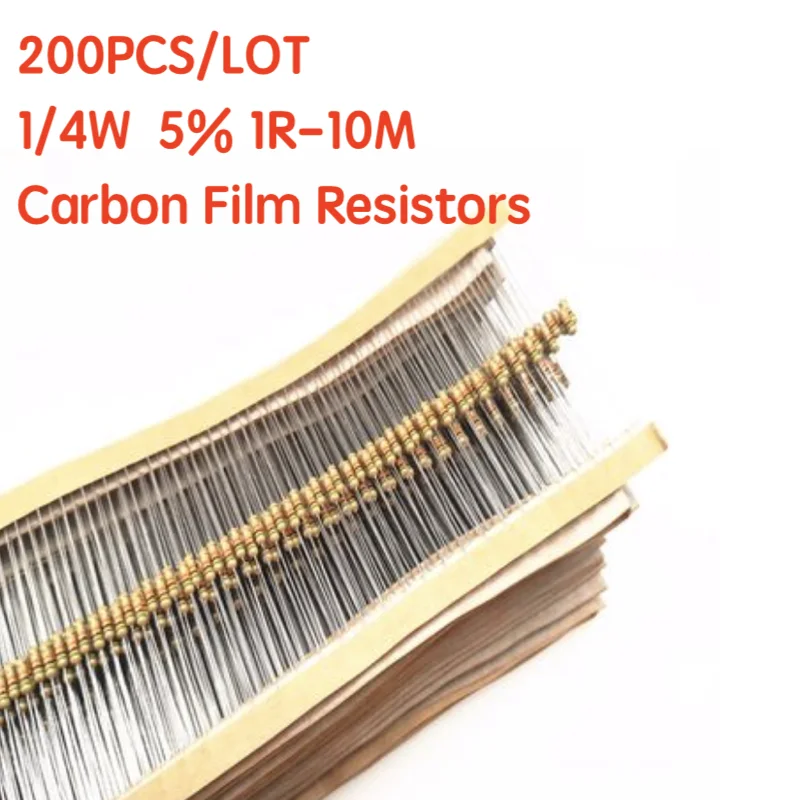 200PCS 1/4W Carbon Film Resistors 5% 1R-10M 10R 47R 56R 100R 220R 1K 4K7 6K8 100K 330K 560K 1M ohm Color Ring Resistance