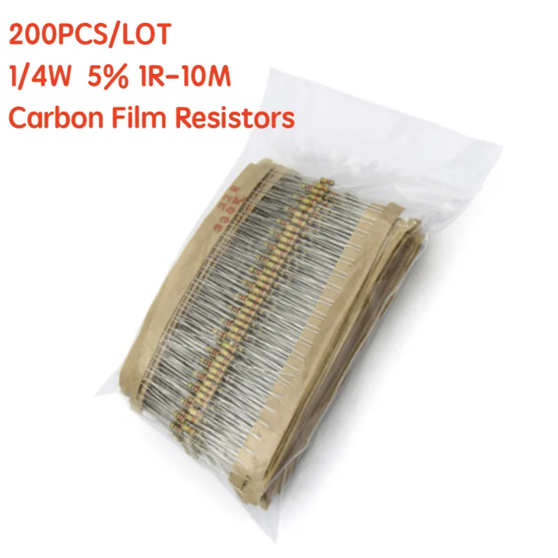 200PCS 1/4W Carbon Film Resistors 5% 1R-10M 10R 47R 56R 100R 220R 1K 4K7 6K8 100K 330K 560K 1M ohm Color Ring Resistance