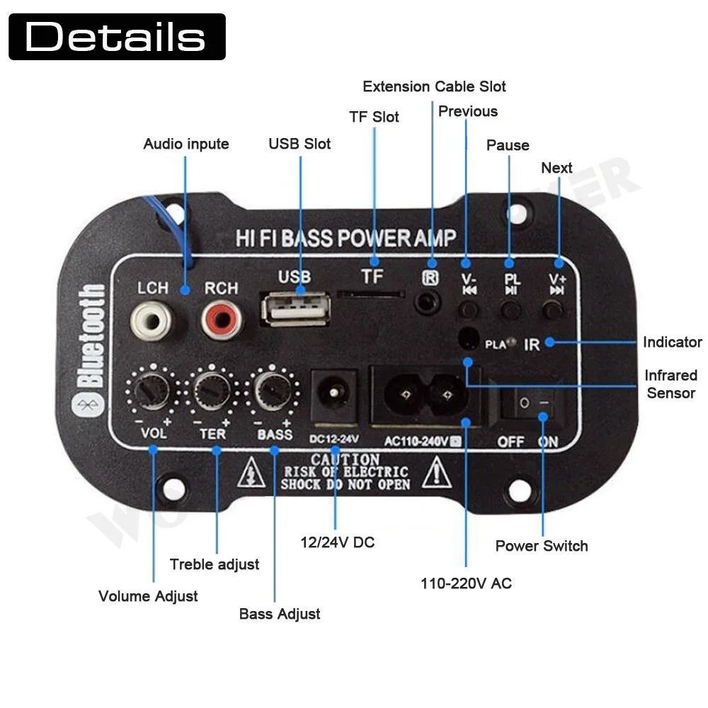 Woopker Speaker Amplifier Board DIY Digital Bluetooth Amplifiers  Module AUX TF Card USB 25-30W Speaker 110V 220V 12V 24V