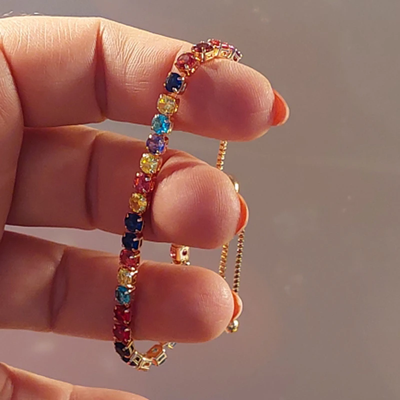 Adjustable Multicolor Tennis Bracelets for Women Ladies Wedding Rainbow Colorful Zircon Charm Bracelet Hand Chain Jewelry DZH043