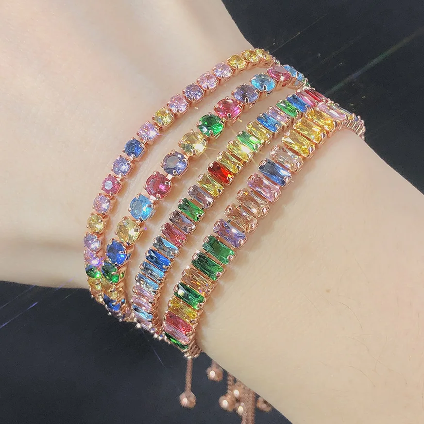 Adjustable Multicolor Tennis Bracelets for Women Ladies Wedding Rainbow Colorful Zircon Charm Bracelet Hand Chain Jewelry DZH043