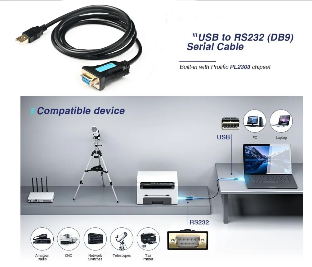 Jasoz USB to RS232 COM Port Serial Cable Adapter PDA 9 DB9 Pin Prolific PL2303 for Windows 7 8.1 10 Vista Mac OS USB RS232 Cable