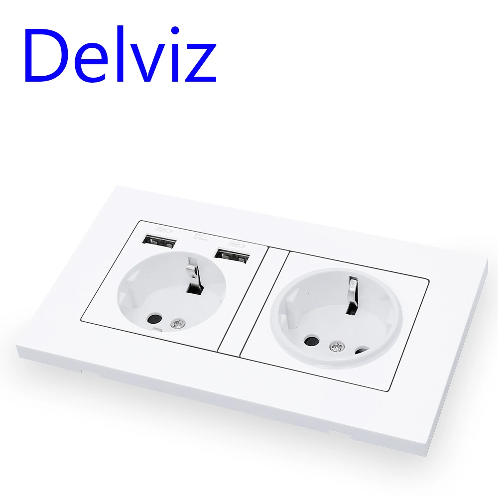 Delviz EU Standard USB Socket, Double Outlet, 16A Quality Power Panel AC 110~250V 146mm * 86mm, Double Frame Wall USB Power Outl