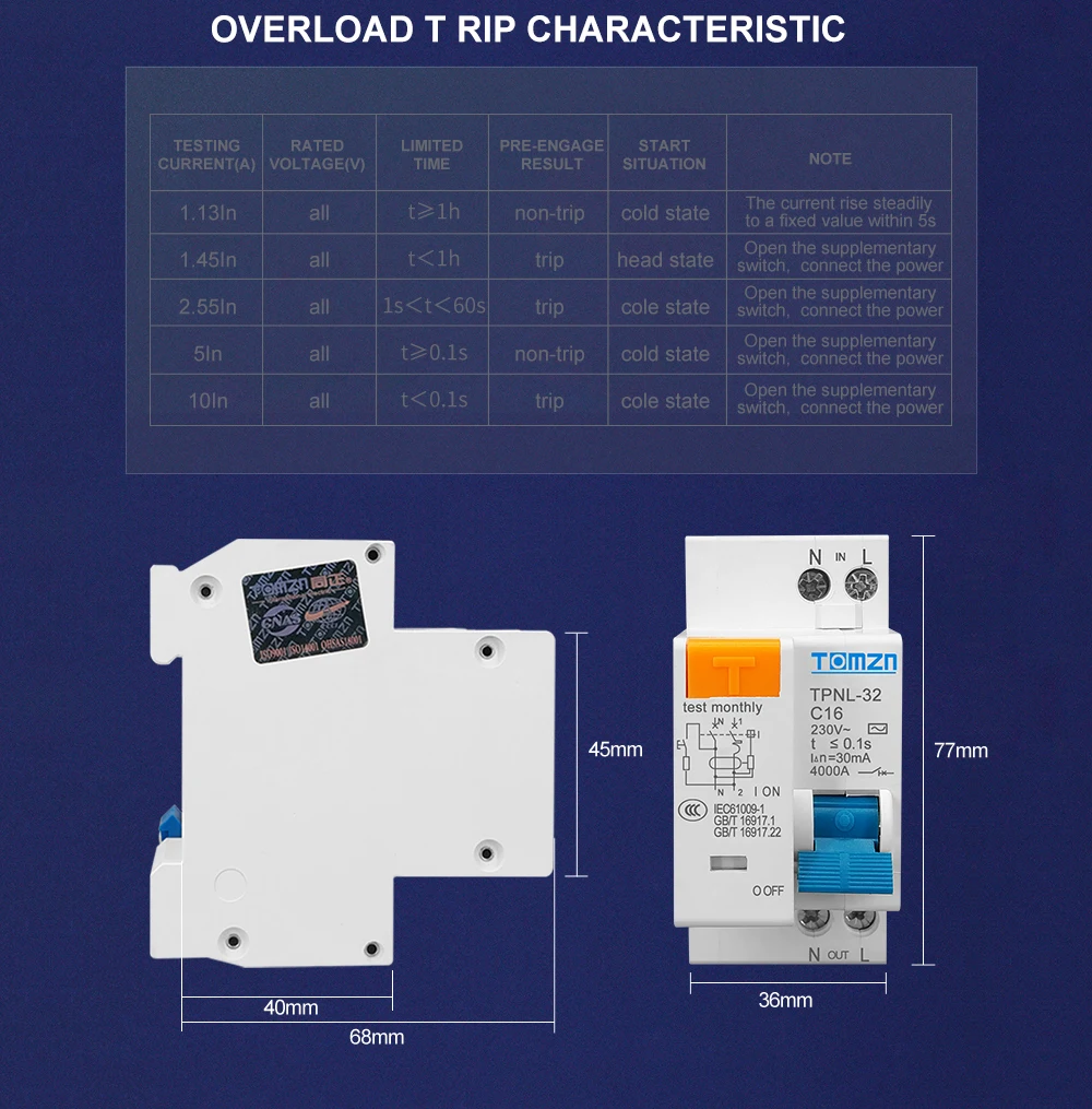 TPNL DPNL 230V 1P+N Residual Circuit Breaker with over and Short Current Leakage Protection RCBO MCB