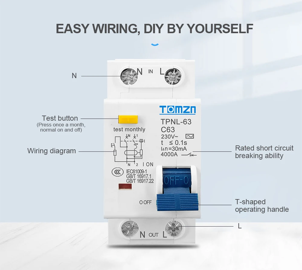 TPNL DPNL 230V 1P+N Residual Circuit Breaker with over and Short Current Leakage Protection RCBO MCB