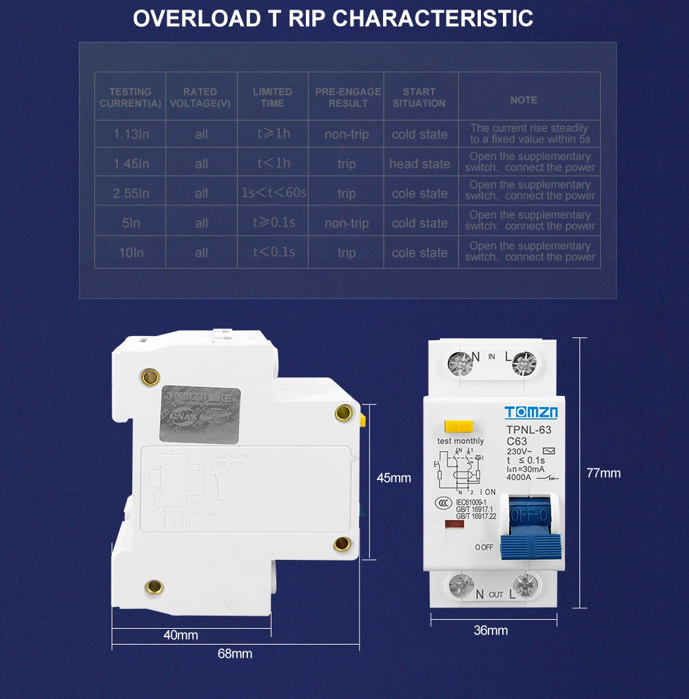 TPNL DPNL 230V 1P+N Residual Circuit Breaker with over and Short Current Leakage Protection RCBO MCB
