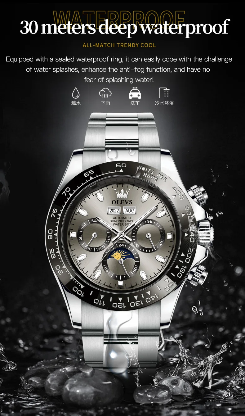 OLEVS 6654 Luxury Mens Watch Chronograph Automatic Mechanical Wristwatch Waterproof Luminous Top Brand Watch for Man Date Sport