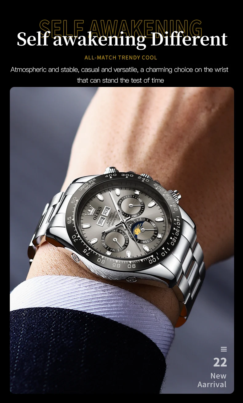 OLEVS 6654 Luxury Mens Watch Chronograph Automatic Mechanical Wristwatch Waterproof Luminous Top Brand Watch for Man Date Sport