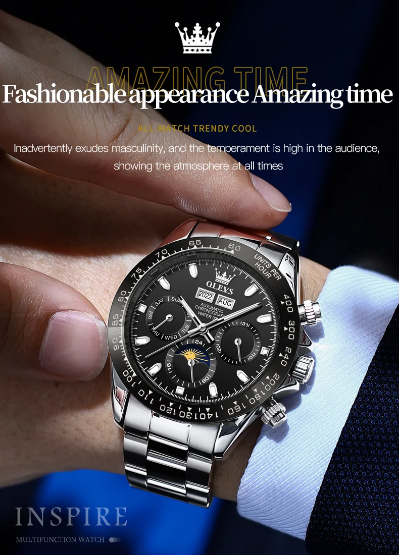 OLEVS 6654 Luxury Mens Watch Chronograph Automatic Mechanical Wristwatch Waterproof Luminous Top Brand Watch for Man Date Sport