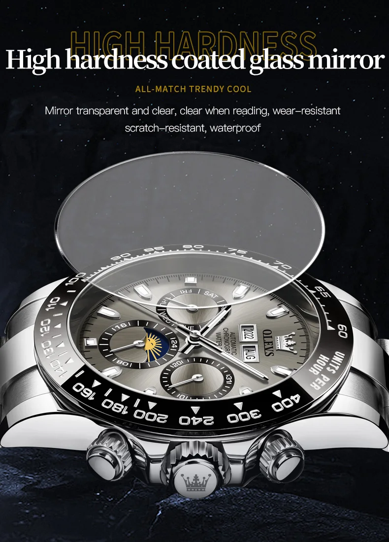 OLEVS 6654 Luxury Mens Watch Chronograph Automatic Mechanical Wristwatch Waterproof Luminous Top Brand Watch for Man Date Sport