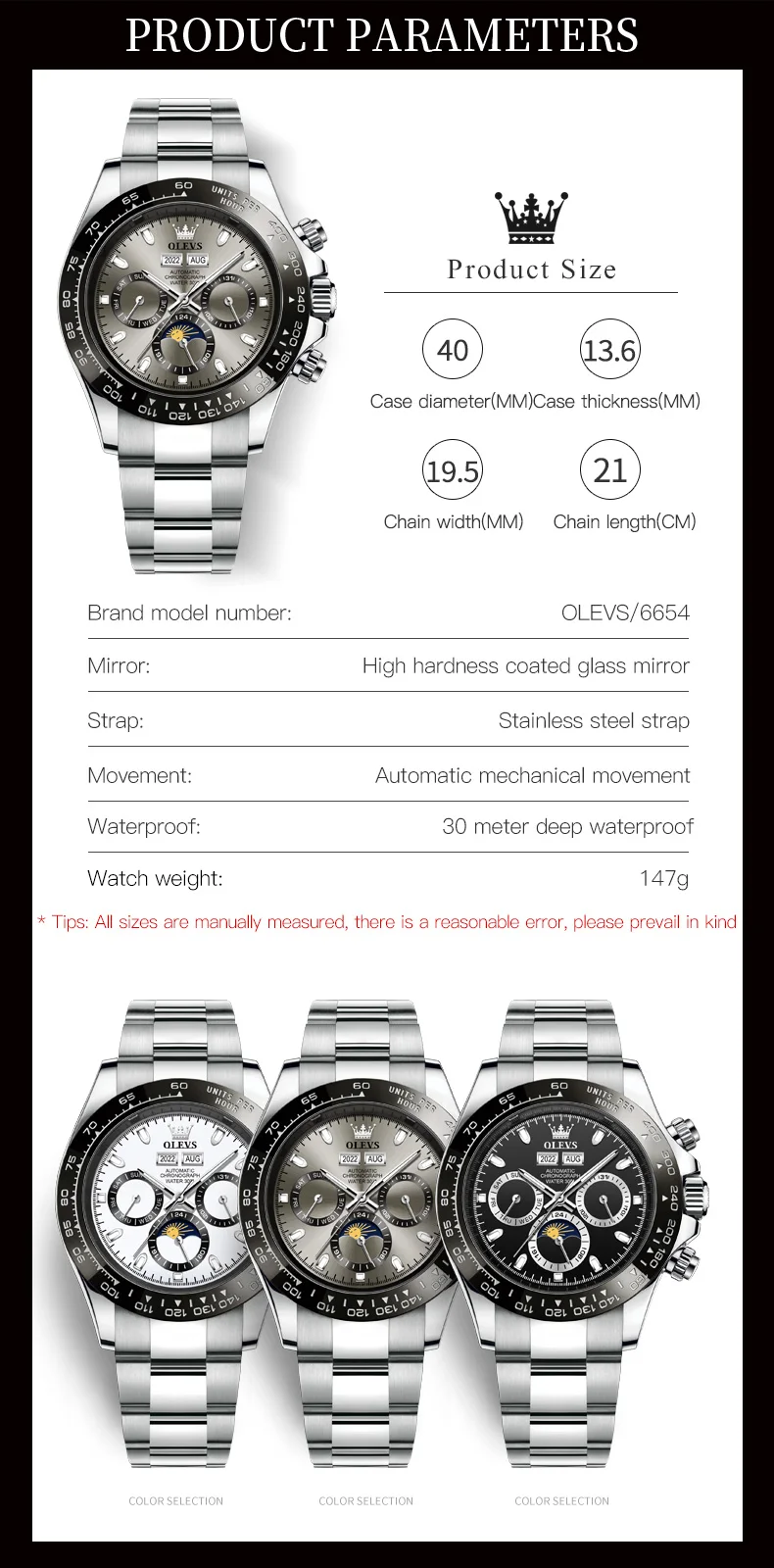 OLEVS 6654 Luxury Mens Watch Chronograph Automatic Mechanical Wristwatch Waterproof Luminous Top Brand Watch for Man Date Sport