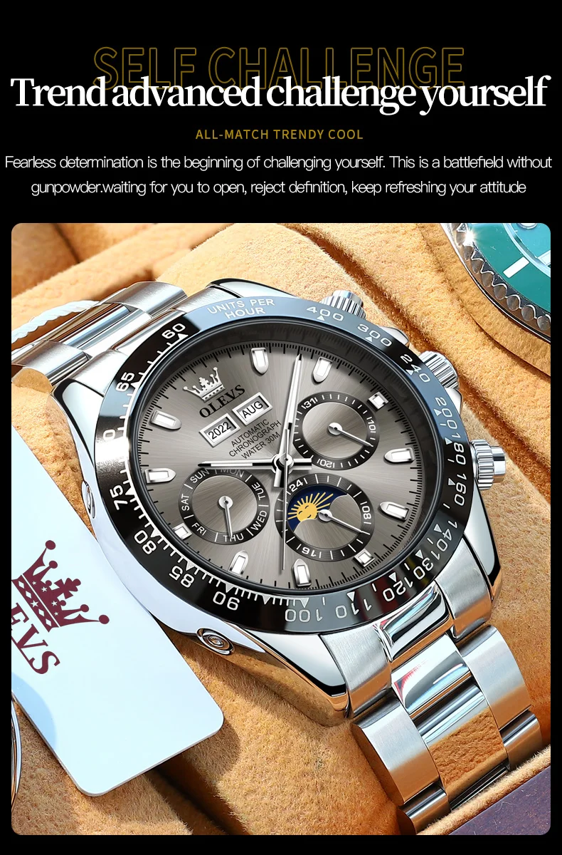 OLEVS 6654 Luxury Mens Watch Chronograph Automatic Mechanical Wristwatch Waterproof Luminous Top Brand Watch for Man Date Sport
