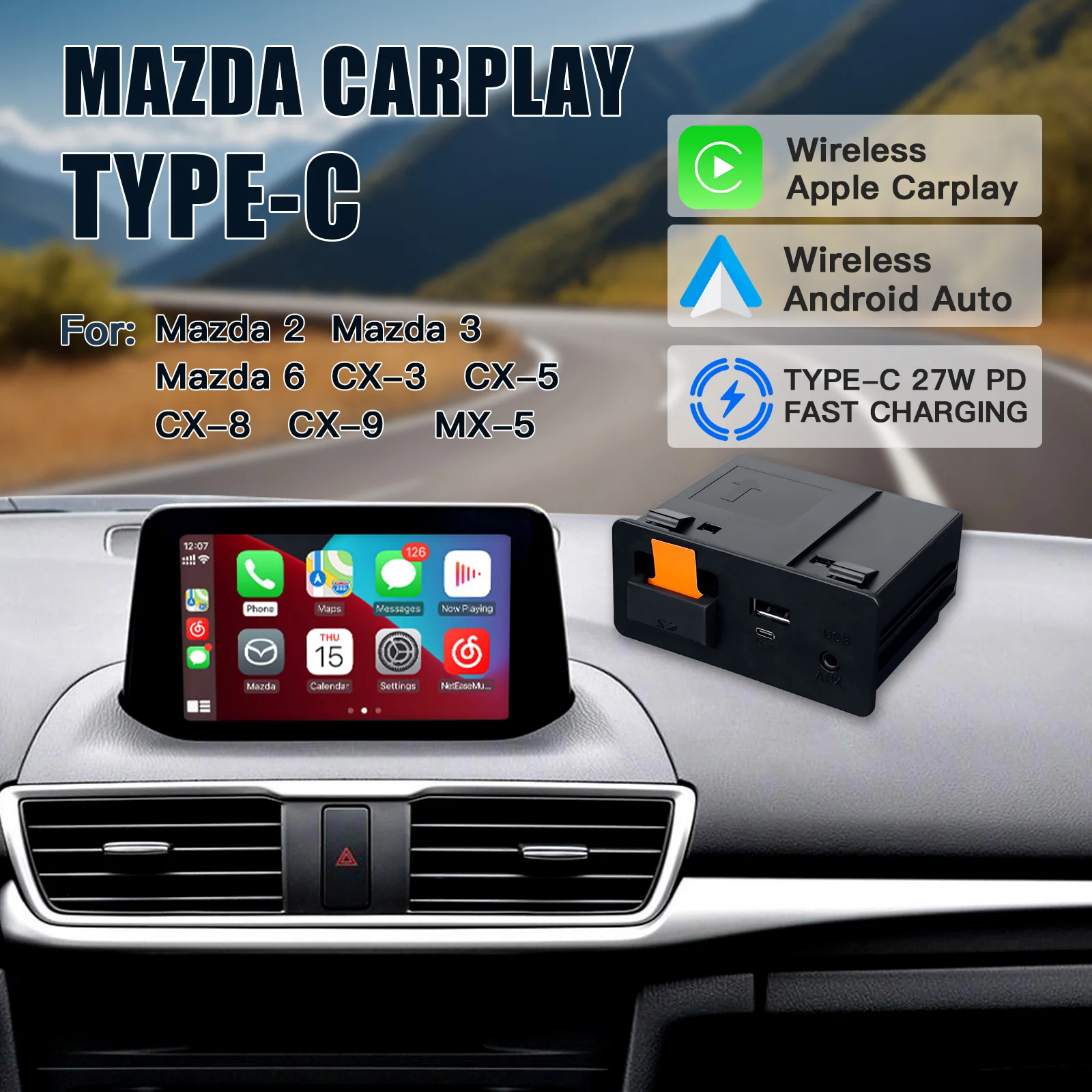 New Upgrade Wireless Apple CarPlay Android Auto Youtube USB adapter hub OEM for Mazda 3 6 2 CX3 CX5 CX8 CX9 MX5 miata TK78669U0C