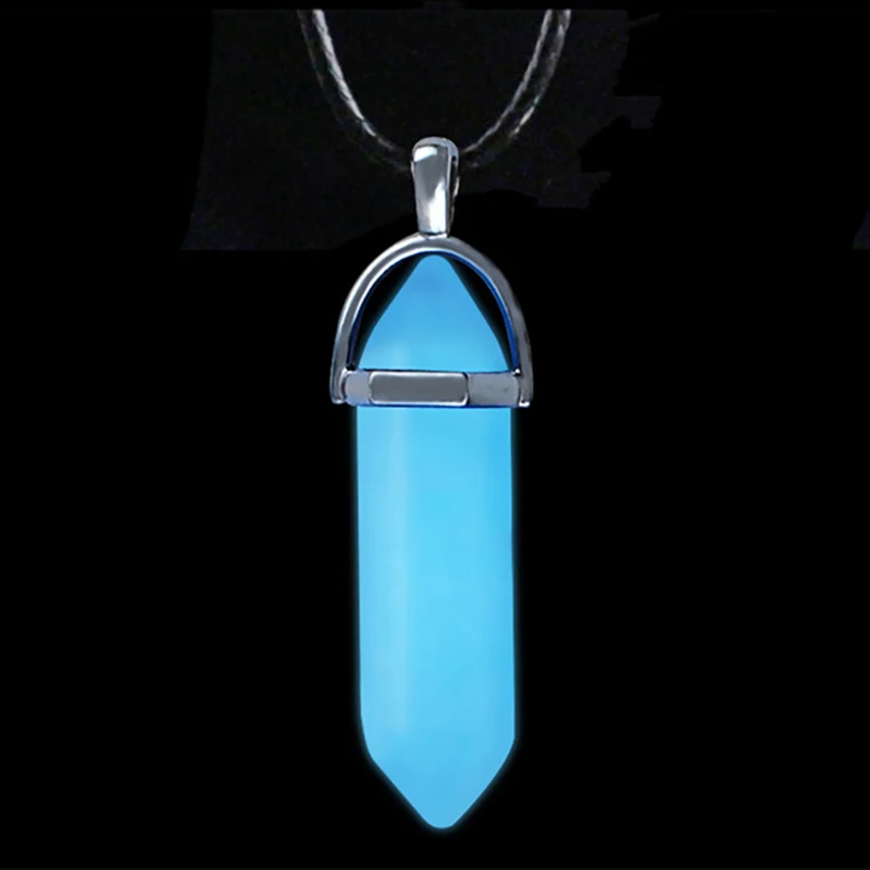 Dark Luminous Stone Fluorescent Hexagonal Column Necklace Natural Crystal Glowing in Bullet Pendant Leather Fashion Jewelry Gift