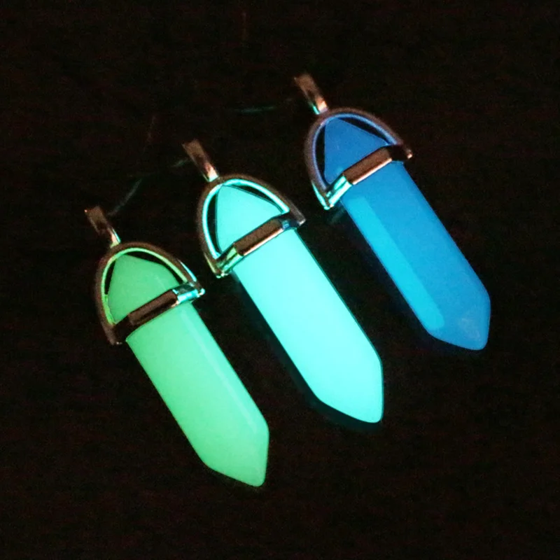 Dark Luminous Stone Fluorescent Hexagonal Column Necklace Natural Crystal Glowing in Bullet Pendant Leather Fashion Jewelry Gift