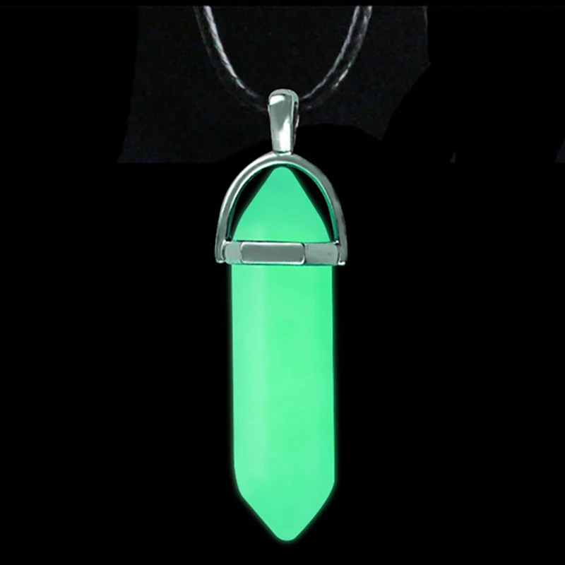Dark Luminous Stone Fluorescent Hexagonal Column Necklace Natural Crystal Glowing in Bullet Pendant Leather Fashion Jewelry Gift