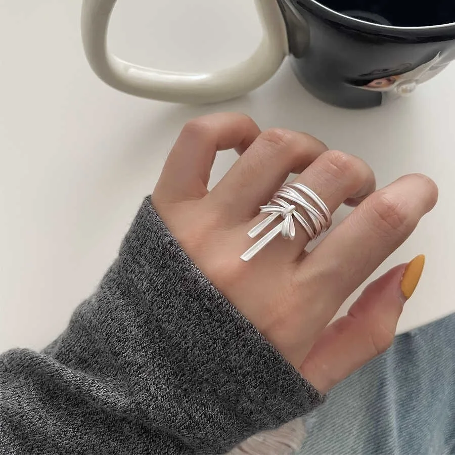 VENTFILLE 925 Sterling Silver Rings INS Fashion Hip Hop Vintage Couples Hollow Lines Punk Thai Silver Party Adjustable Jewelry