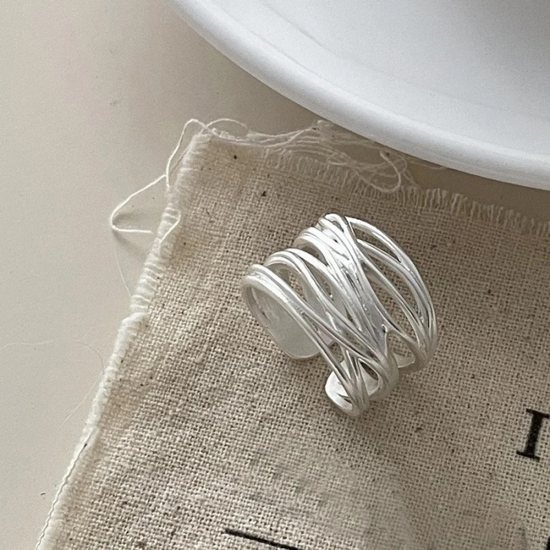 VENTFILLE 925 Sterling Silver Rings INS Fashion Hip Hop Vintage Couples Hollow Lines Punk Thai Silver Party Adjustable Jewelry
