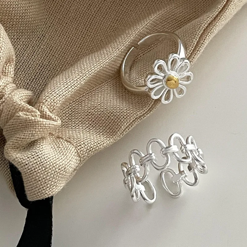 VENTFILLE 925 Sterling Silver Rings INS Fashion Hip Hop Vintage Couples Hollow Lines Punk Thai Silver Party Adjustable Jewelry