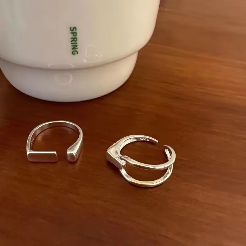 VENTFILLE 925 Sterling Silver Rings INS Fashion Hip Hop Vintage Couples Hollow Lines Punk Thai Silver Party Adjustable Jewelry