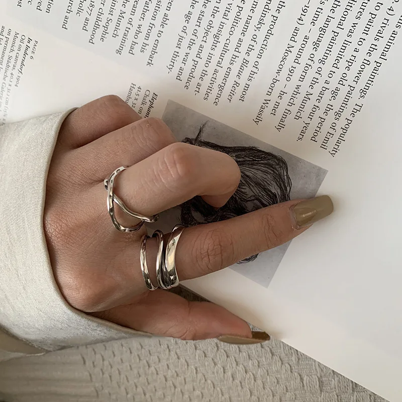 VENTFILLE 925 Sterling Silver Rings INS Fashion Hip Hop Vintage Couples Hollow Lines Punk Thai Silver Party Adjustable Jewelry