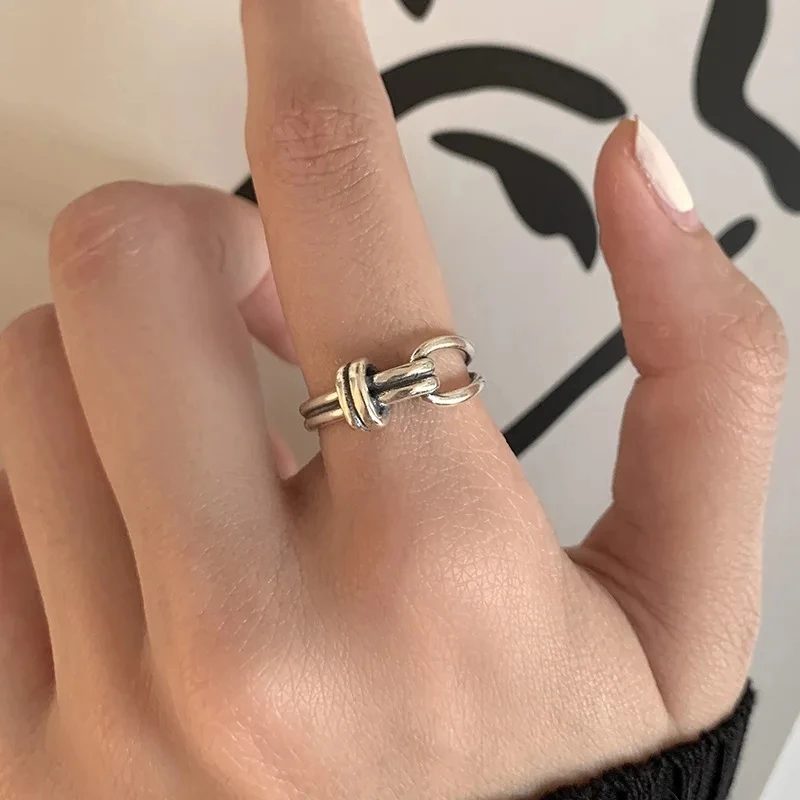 VENTFILLE 925 Sterling Silver Rings INS Fashion Hip Hop Vintage Couples Hollow Lines Punk Thai Silver Party Adjustable Jewelry