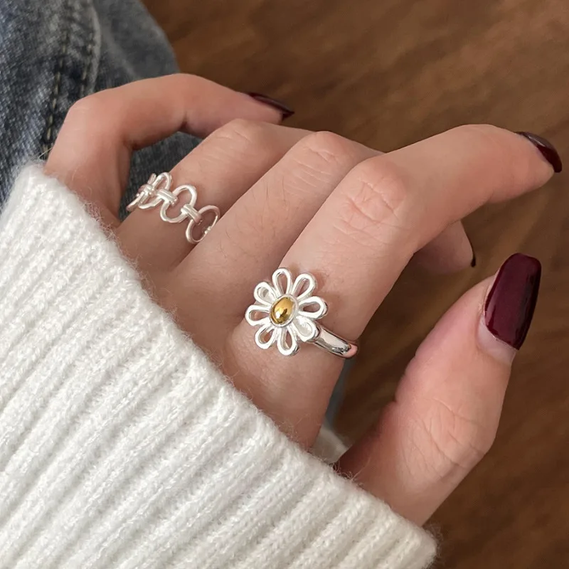 VENTFILLE 925 Sterling Silver Rings INS Fashion Hip Hop Vintage Couples Hollow Lines Punk Thai Silver Party Adjustable Jewelry