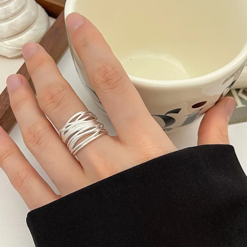 VENTFILLE 925 Sterling Silver Rings INS Fashion Hip Hop Vintage Couples Hollow Lines Punk Thai Silver Party Adjustable Jewelry