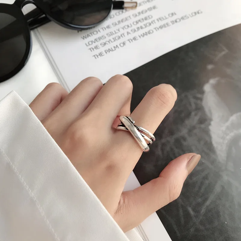VENTFILLE 925 Sterling Silver Rings INS Fashion Hip Hop Vintage Couples Hollow Lines Punk Thai Silver Party Adjustable Jewelry