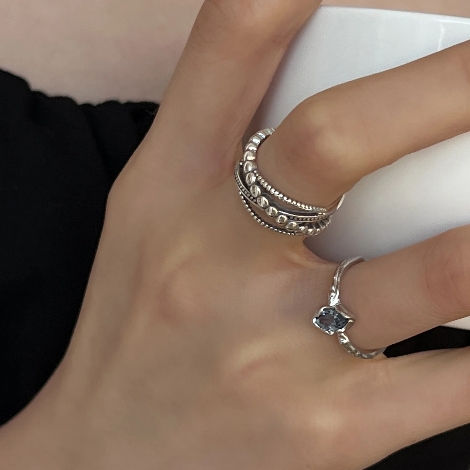 VENTFILLE 925 Sterling Silver Rings INS Fashion Hip Hop Vintage Couples Hollow Lines Punk Thai Silver Party Adjustable Jewelry