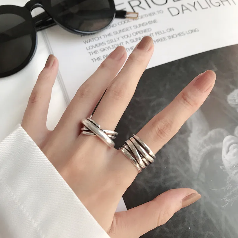 VENTFILLE 925 Sterling Silver Rings INS Fashion Hip Hop Vintage Couples Hollow Lines Punk Thai Silver Party Adjustable Jewelry