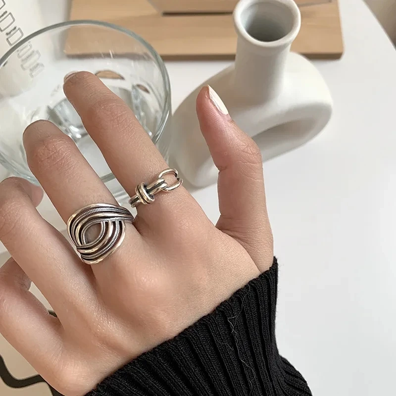 VENTFILLE 925 Sterling Silver Rings INS Fashion Hip Hop Vintage Couples Hollow Lines Punk Thai Silver Party Adjustable Jewelry
