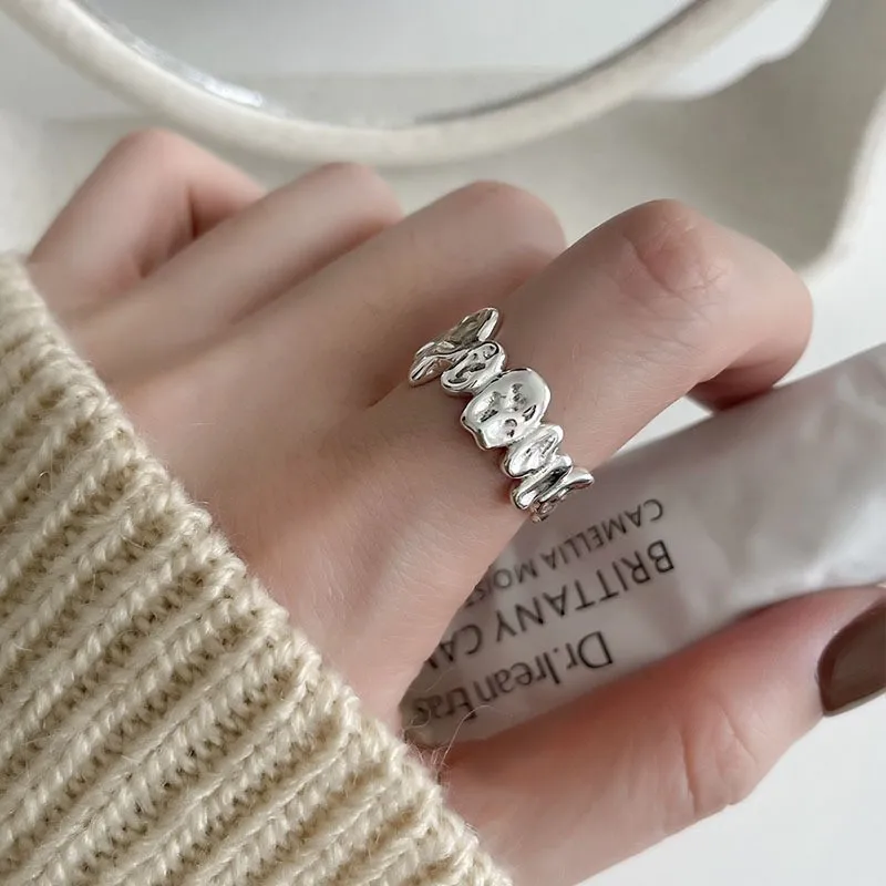 VENTFILLE 925 Sterling Silver Rings INS Fashion Hip Hop Vintage Couples Hollow Lines Punk Thai Silver Party Adjustable Jewelry