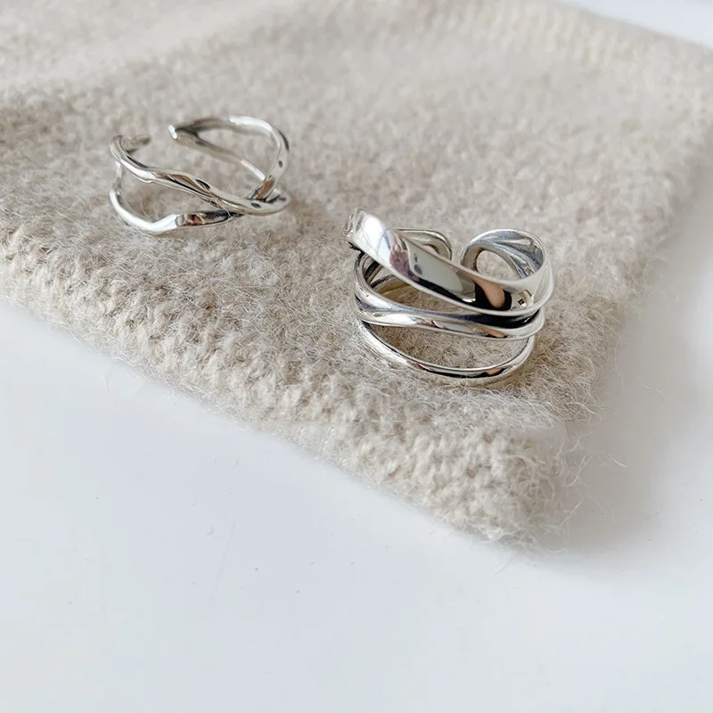 VENTFILLE 925 Sterling Silver Rings INS Fashion Hip Hop Vintage Couples Hollow Lines Punk Thai Silver Party Adjustable Jewelry
