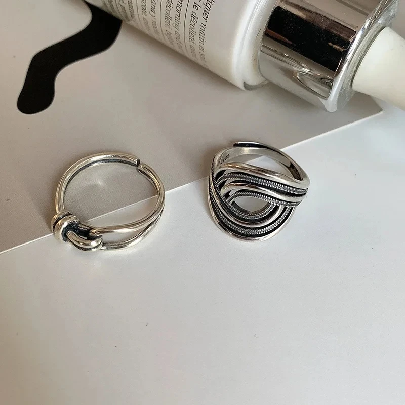 VENTFILLE 925 Sterling Silver Rings INS Fashion Hip Hop Vintage Couples Hollow Lines Punk Thai Silver Party Adjustable Jewelry