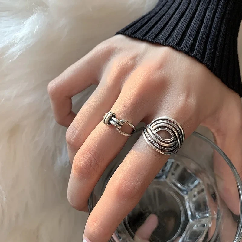 VENTFILLE 925 Sterling Silver Rings INS Fashion Hip Hop Vintage Couples Hollow Lines Punk Thai Silver Party Adjustable Jewelry