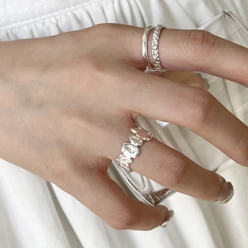 VENTFILLE 925 Sterling Silver Rings INS Fashion Hip Hop Vintage Couples Hollow Lines Punk Thai Silver Party Adjustable Jewelry