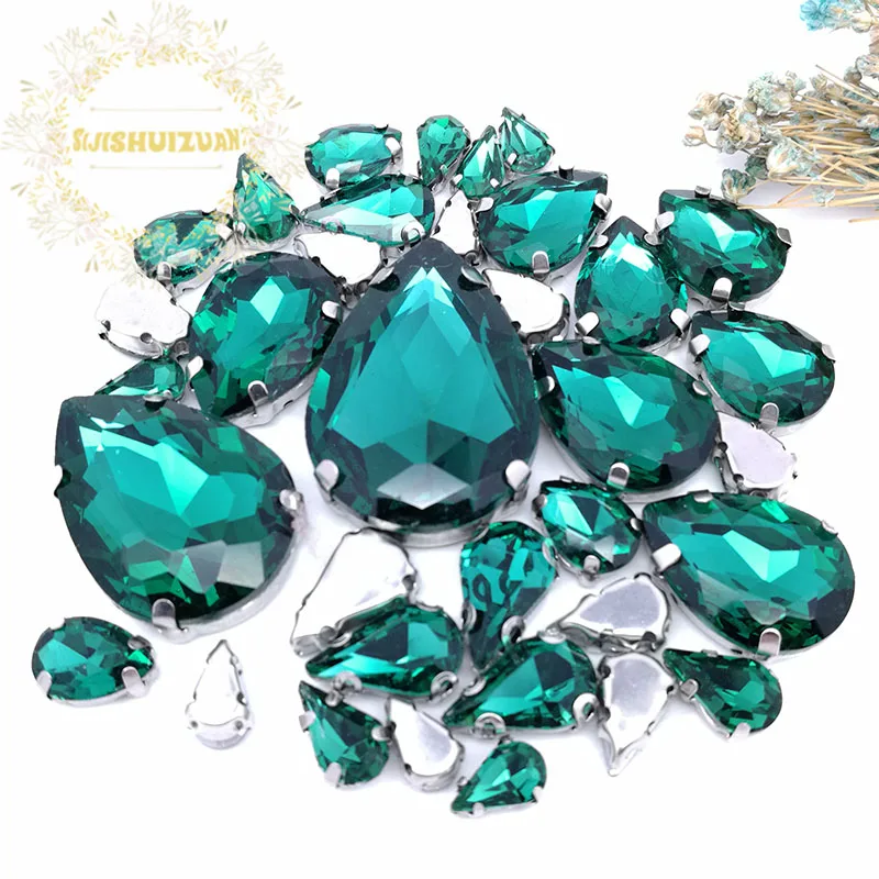 30Pcs7 Mixed Size Gray Water Drop Glass Crystal Seam Rhinestone With Silver Claw DIY Wedding Dress / Garment Accessories